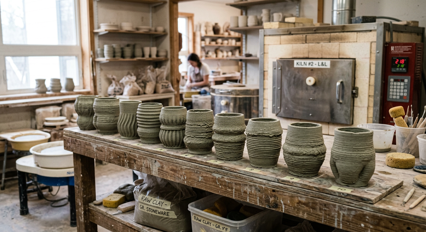 Row of printed ceramic green bodies awaiting firing